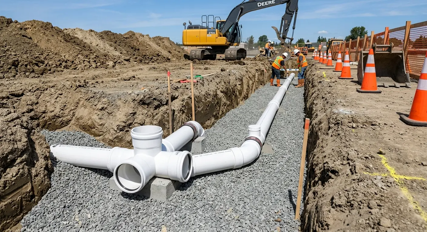 New PVC sewer pipe installation in open trench for Commercial Drain Cleaning in Barling